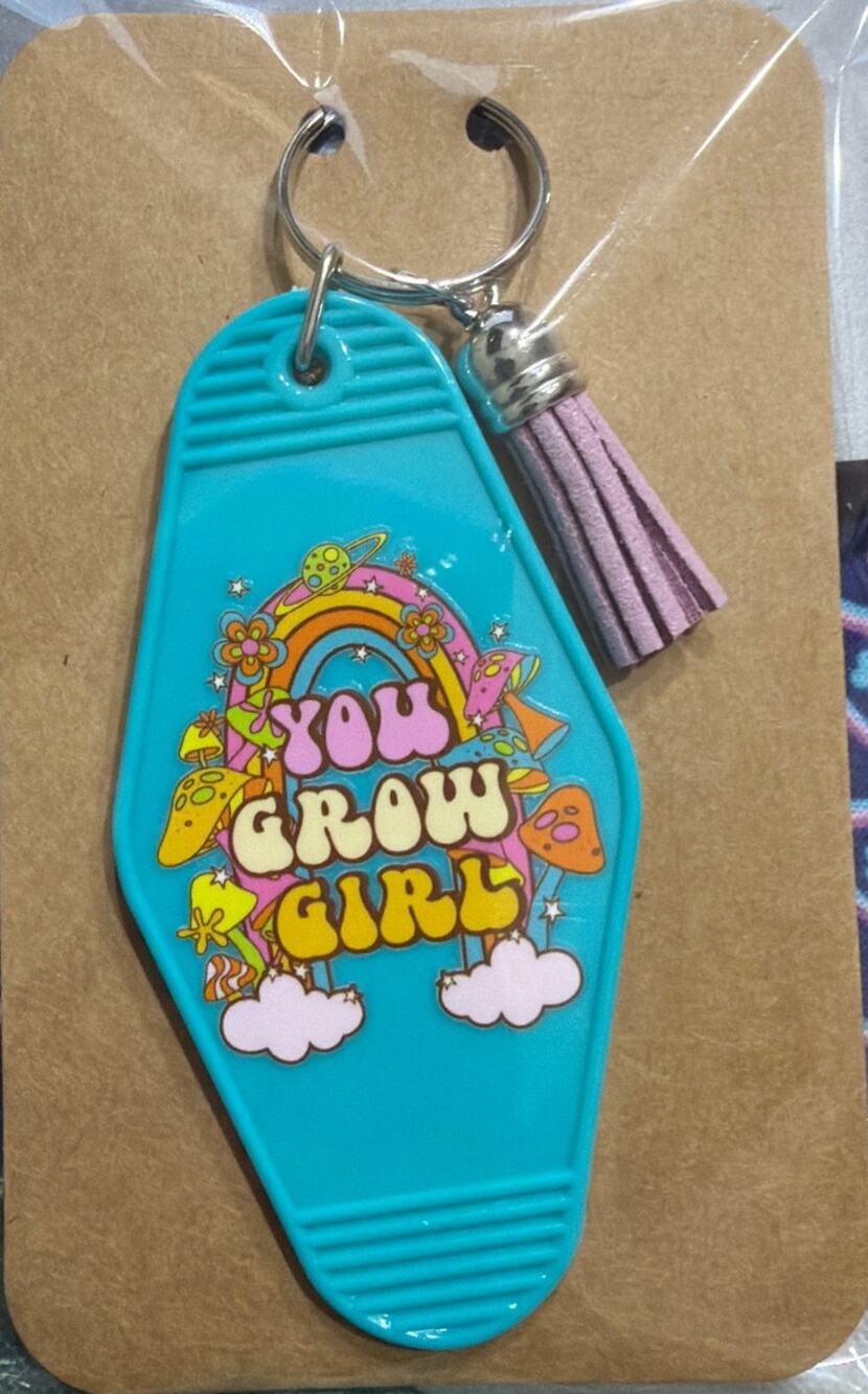 You Grow Girl Blue & Pink Tassel Vintage Hotel Motel Keychain Key Chain Handmade